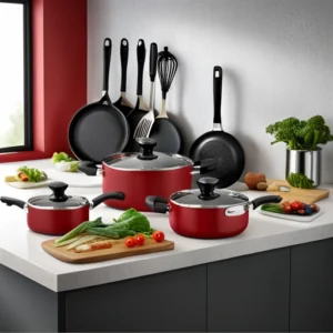 Pigeon Nonstick Cookware Set of 7 Piece. A set of nonstick cookware made of aluminum with heat-resistant bakelite handles.