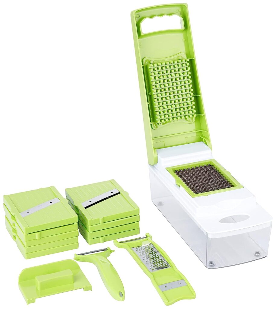 Amazon Brand - Solimo 15-in-1 Multipurpose Vegetable and Fruit Chopper - Stainless Steel Blades, Green