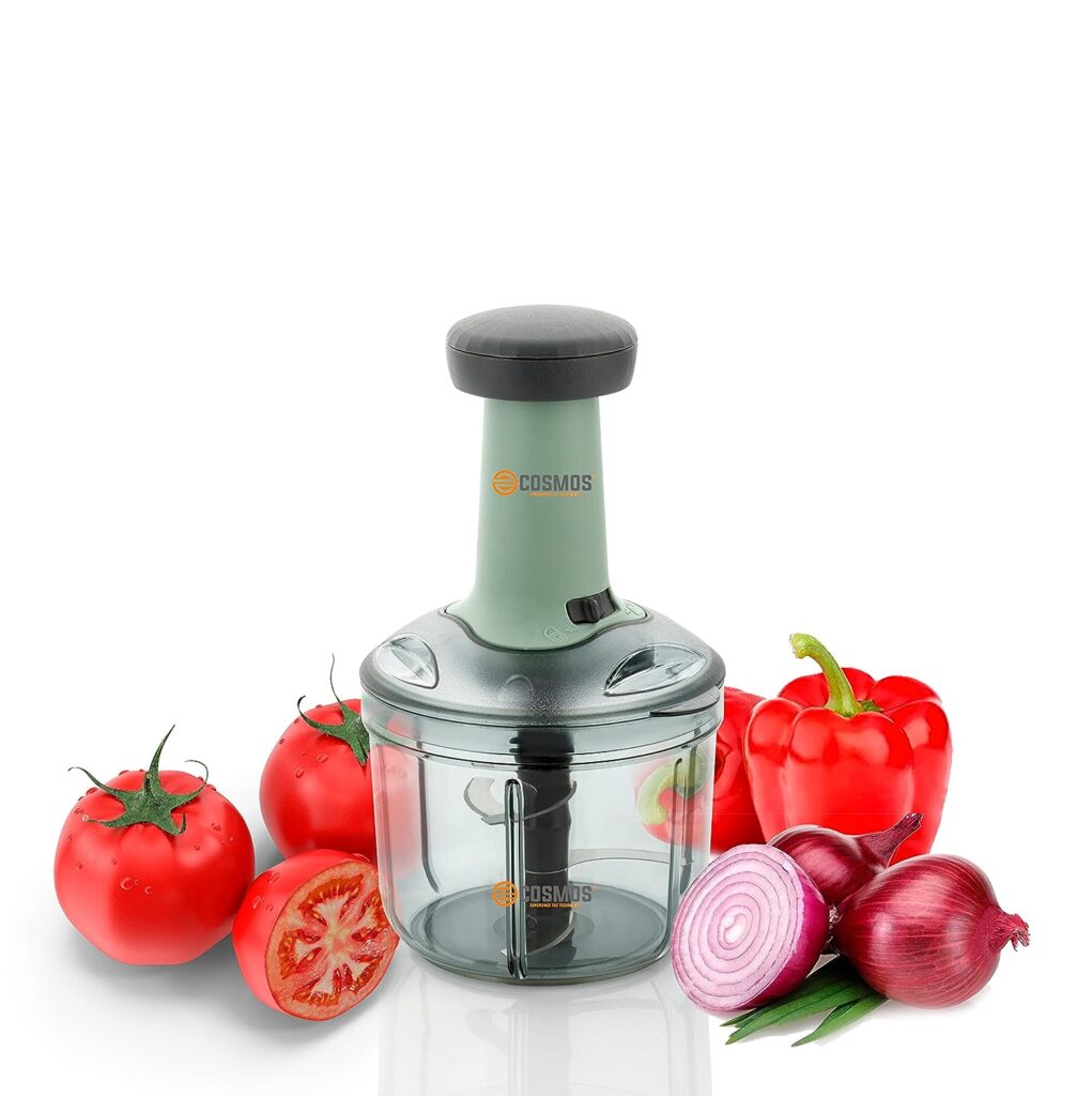 E-COSMOS Food Chopper 900ml - Stainless Steel Blades, Manual Hand-Press Vegetable Chopper