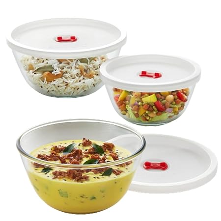 Borosil Glass Serving & Mixing Bowls with Lids, Oven & Microwave Safe Bowls, Set of 3 (500 ml + 900 ml + 1.3 L), Borosilicate Glass, Clear