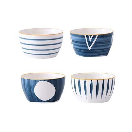 Nestasia Microwave & Dishwasher Safe Ceramic Bowl Set of 4 | Ideal for Snacks, Rice, Dal, Fruits, Salad, and More | BPA & Lead-Free Dinner Bowls | 350ml, White & Blue