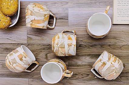 FnP CL Ceramic Tea and Coffee Cup - 6 Pieces, Glossy Golden, 150 ml