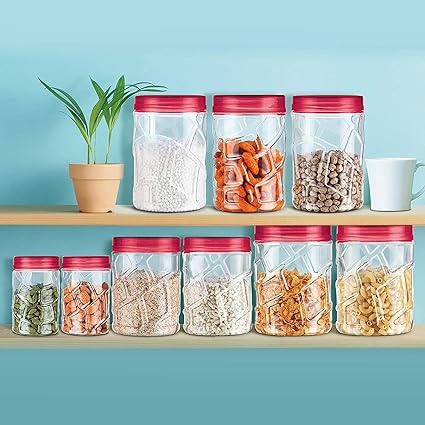 MILTON Vitro Plastic Pet Storage Jar and Container, Set of 18 (6 pcs x 230 ml Each, 6 pcs x 600 ml Each, 6 pcs x 1.18 ltrs Each), Red Wine | Food Grade | Air Tight | BPA Free