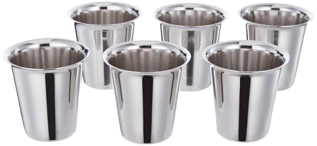 Amazon Brand - Solimo Classico Stainless Steel Glass Set (6 Pieces, 7.5Cm Dia, South Indian Design), 160 milliliter