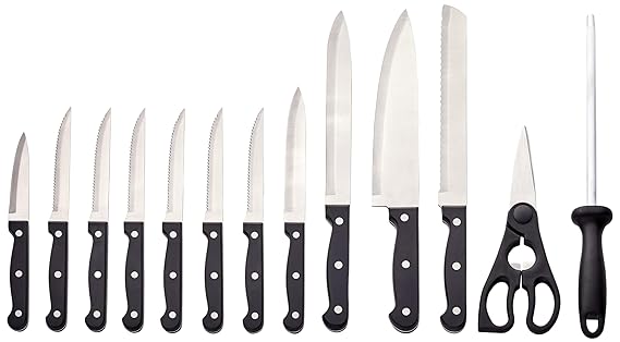 Stainless Steel Knife Set with High-carbon Blades and Pine Wood Block, 14 Pieces