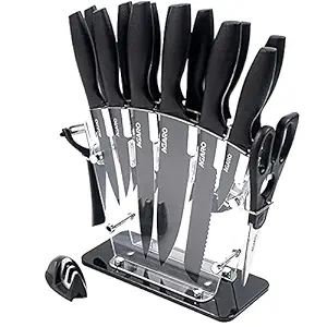 AGARO Grand 17Pcs Kitchen Knife Set with Acrylic Stand, High Carbon Stainless Steel, Professional Chef Knife Set for Kitchen, (13 Knifes + Acrylic Stand +Scissors +Peeler & Knife Sharpener, Black)