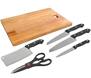 Black Olive Wooden Chopping Board with Knife Set and Scissor, 6 Piece Stainless Steel Kitchen Knife Knives Set with Knife Scissor, Knife Sets (Wooden Brown Color)