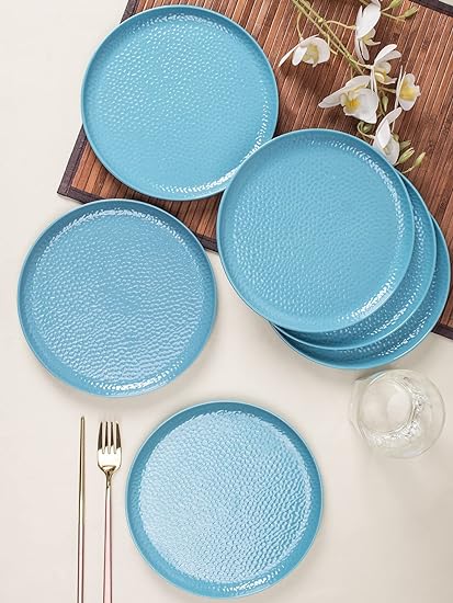 MARKET 99 Melamine Round Serving Quarter Dinner Plates Set for Kitchen with Hammered Design Kitchen Utensils Breakfast Lunch Decorative Serving Set of 6 Turquoise