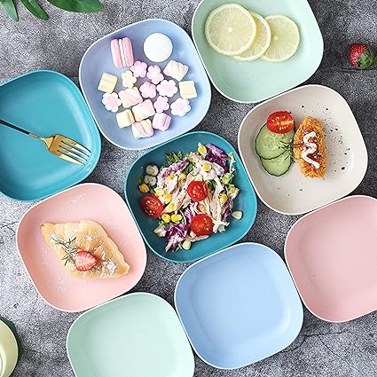 wolpin Square Plastic Dinner Plate Set (Set of 10 Pcs) Colorful Snacks/Breakfast Plate with Stand