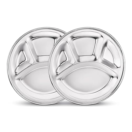 CLASSIC ESSENTIALS Stainless Steel Round Lunch Dinner Plate Bhojan Thali 4 in 1 Compartments Dinner Plate (Pack of 2)