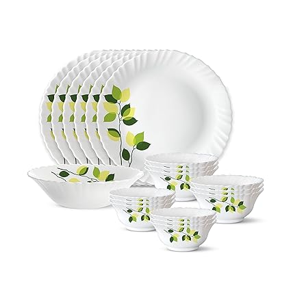 Larah by Borosil Green Leaves Silk Series Opalware Dinner Set | 19 Pieces for Family of 6 | Microwave & Dishwasher Safe | Bone-Ash Free | Crockery Set for Dining & Gifting | Plates & Bowls | White