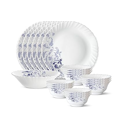 Larah by Borosil Blue Eve Silk Series Opalware Dinner Set | 19 Pieces for Family of 6 | Microwave & Dishwasher Safe | Bone-Ash Free | Crockery Set for Dining & Gifting | Plates & Bowls | White