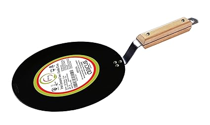 amicus Kitchen Premium Iron Tawa for Roti Chapati, Concave Iron Tava with Strong Wooden Handle, 10 Inch, 1.2 Kg, Black